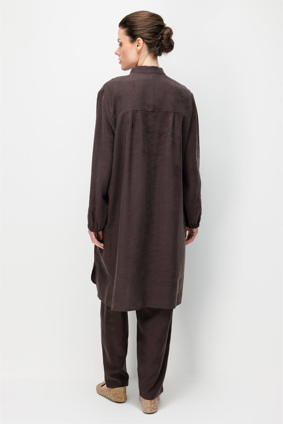 %80 Doğal LyoCELL Dökümlü Soft Hissiyat  Ön Beden Özel Dokuma Desen Pantalon ve Maxi Tunik Takım-Kahve