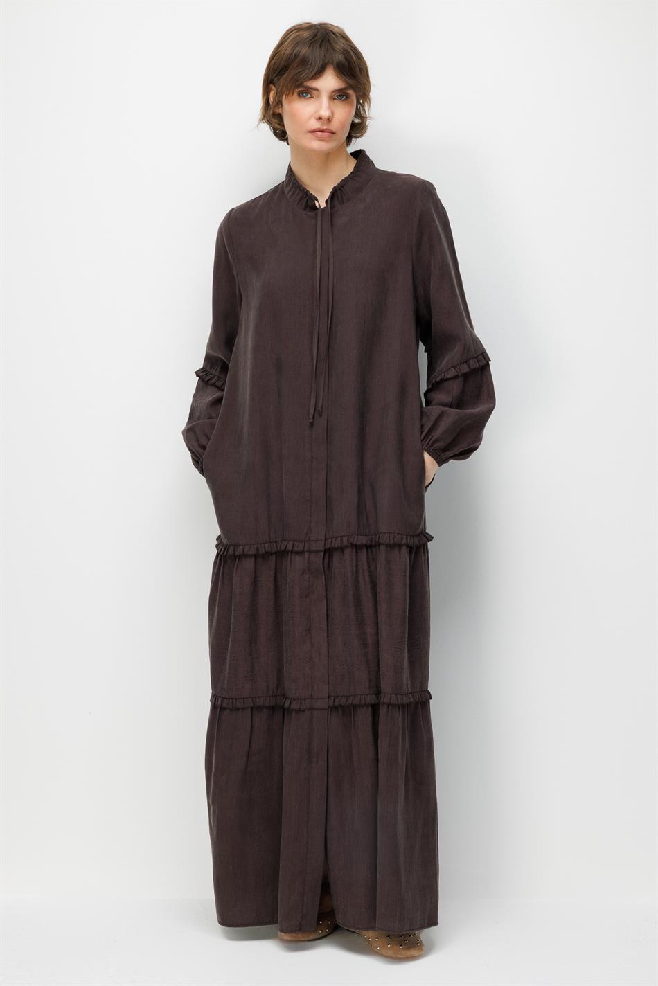 %80 Doğal LyoCELL Dökümlü Soft Hissiyatlı  Ara Desen Süslemeli Kap Ferace-Kahve