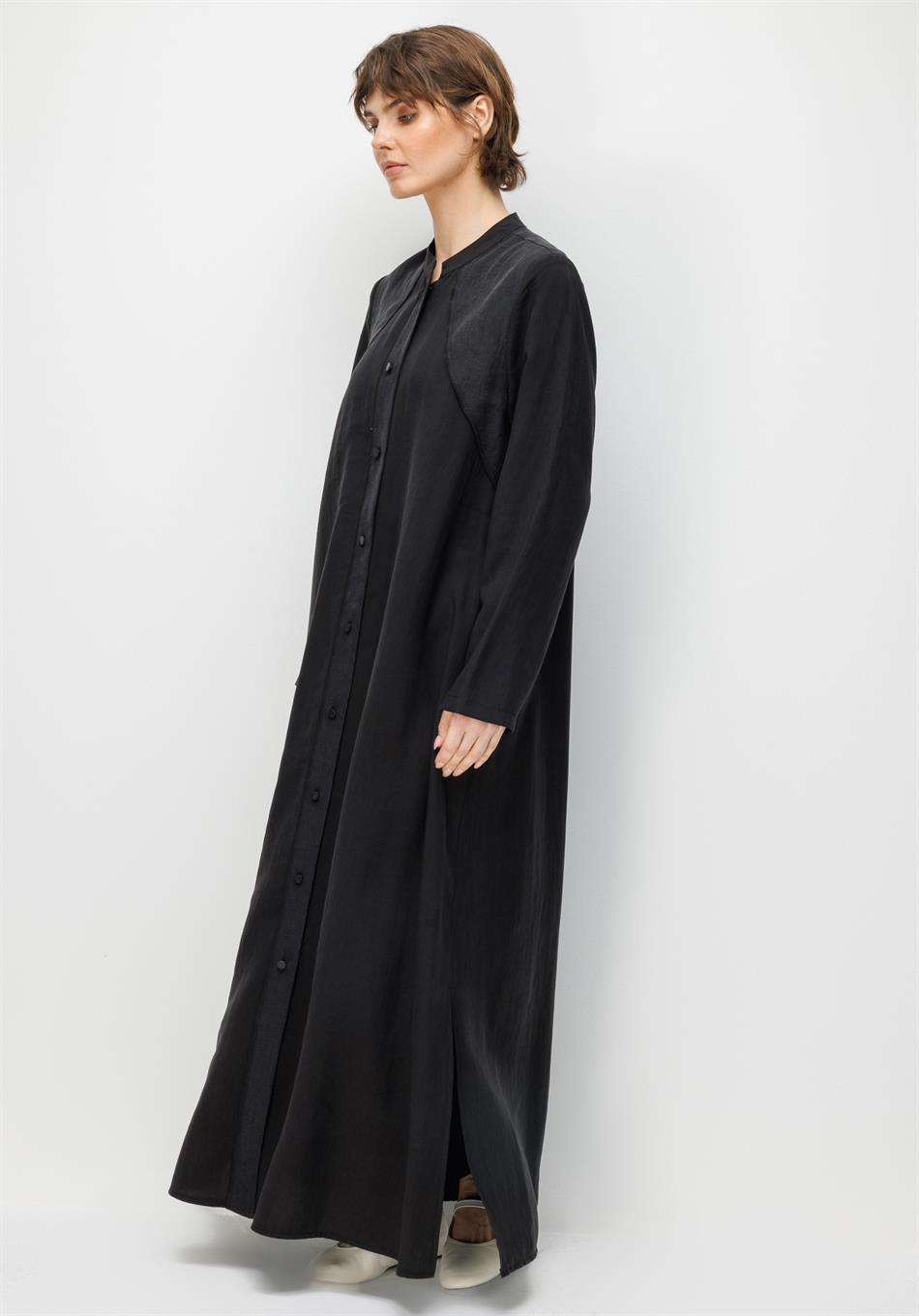 %80 Doğal LyoCELL Dökümlü Soft Hissiyatlı Desen Pat ve Beden Garni Detaylı Kap Ferace-Siyah