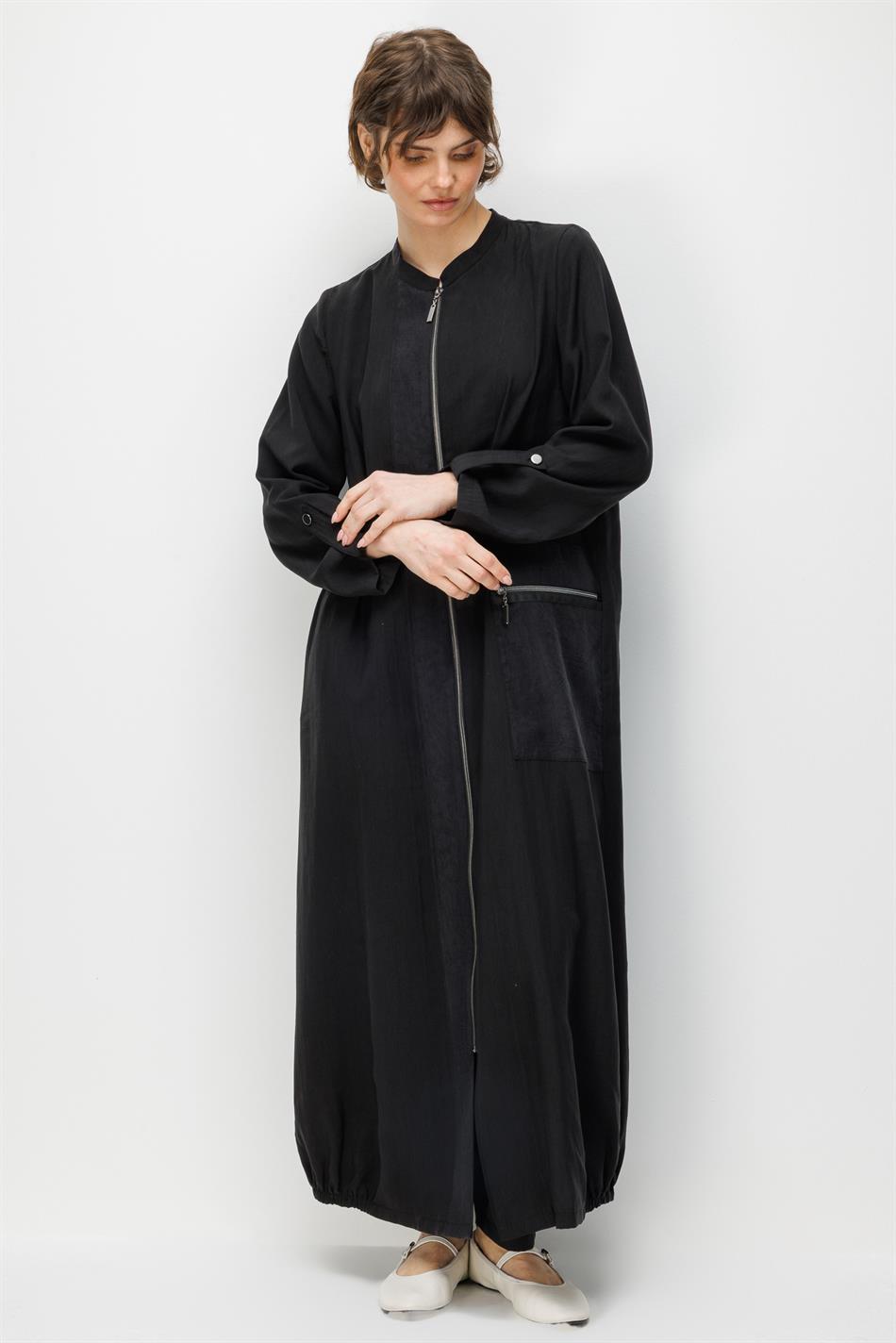 %80 Doğal LyoCELL Dökümlü Soft Hissiyatlı Ara Desen Beden ve Cep Süslemeli Kap Ferace-Siyah