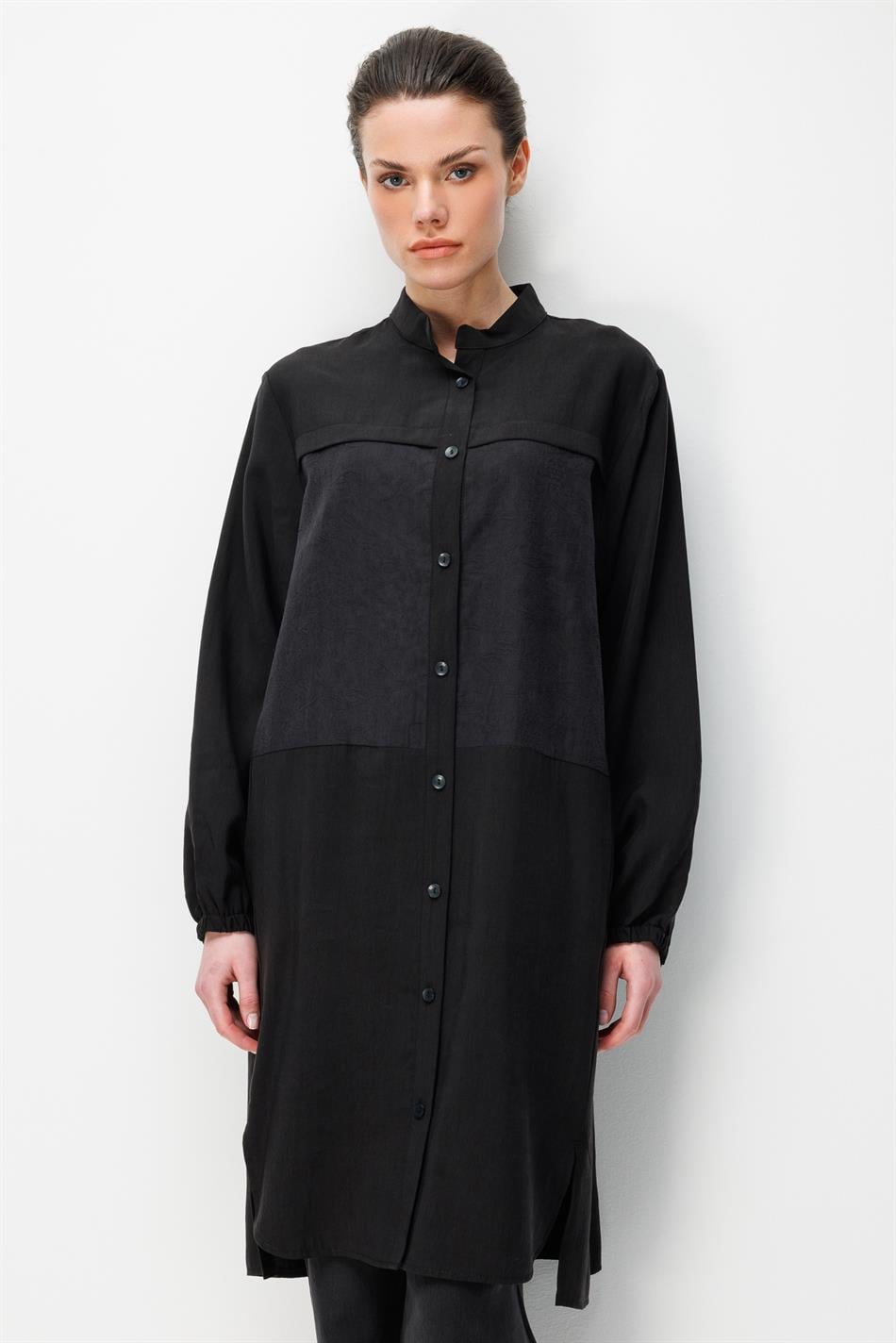 %80 Doğal LyoCELL Dökümlü Soft Hissiyat  Ön Beden Özel Dokuma Desen Pantalon ve Maxi Tunik Takım-Siyah