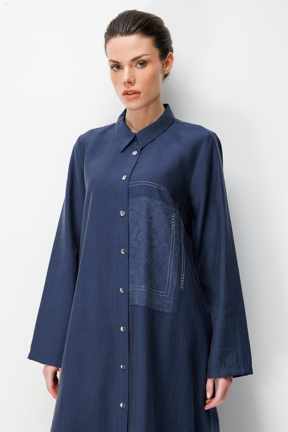 80% natuurlijk LyoCELL, soepele achterkant met gedrapeerd, speciaal geweven patroon, broek en maxi-tuniek combinatieset - Marineblauw