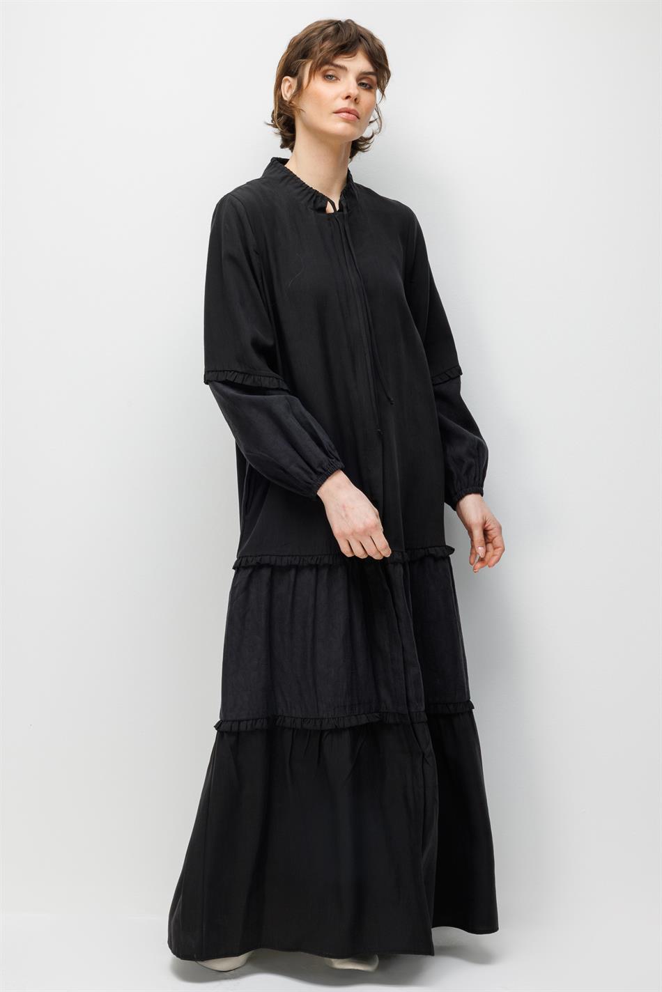 %80 Doğal LyoCELL Dökümlü Soft Hissiyatlı  Ara Desen Süslemeli Kap Ferace-Siyah