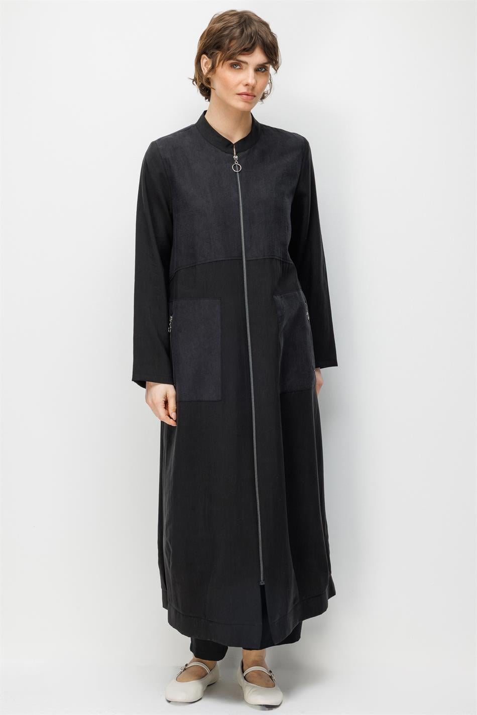 %80 Doğal LyoCELL Dökümlü Soft Hissiyatlı  Ara Desen Süslemeli Kap Ferace-Siyah