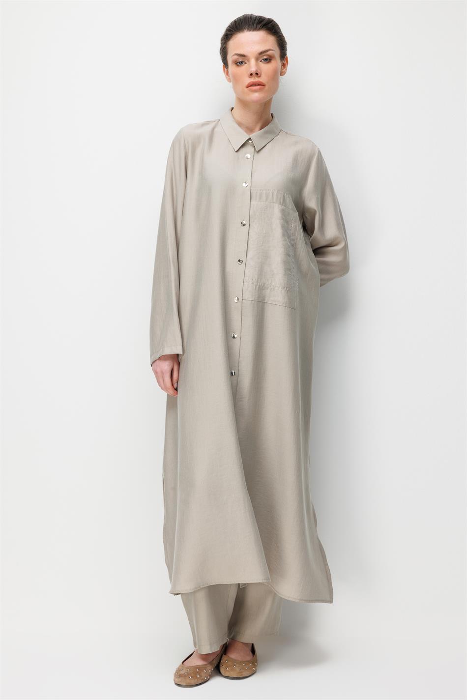 80% natuurlijk LyoCELL, soepelvallende achterkant, speciaal geweven patroon, broek en maxi-tuniek set - Steenkleur