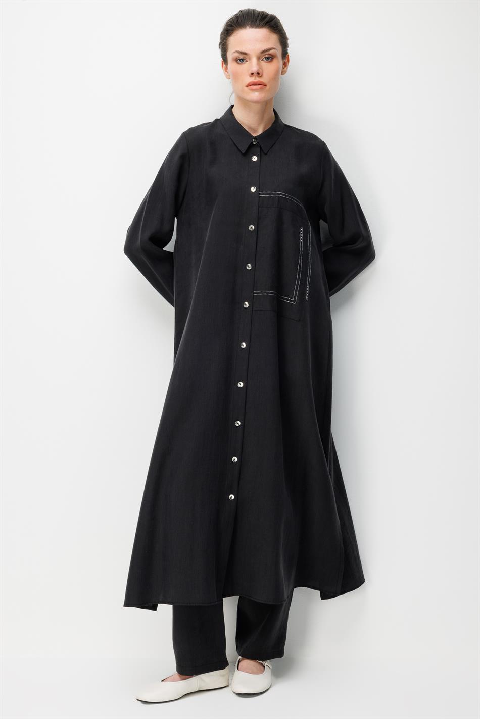 %80 Doğal LyoCELL Dökümlü Soft Hissiyat Arka Özel Dokuma Desen Pantolon ve Maxi Tunik Kombin Takım-Siyah