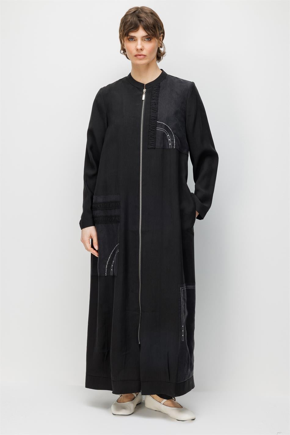 %80 Doğal LyoCELL Dökümlü Soft Hissiyatlı Ara Desen Süslemeli Kap Ferace-Siyah