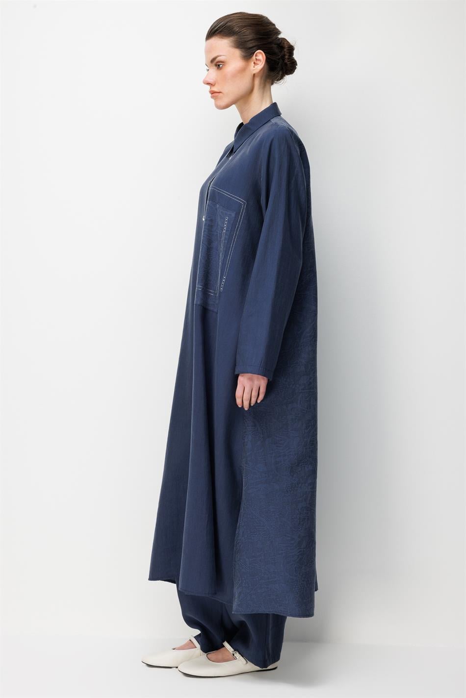80% natuurlijk LyoCELL, soepele achterkant met gedrapeerd, speciaal geweven patroon, broek en maxi-tuniek combinatieset - Marineblauw