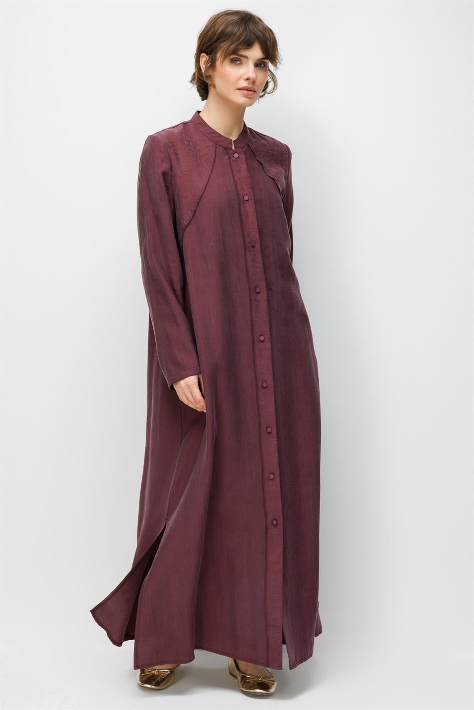 %80 Doğal LyoCELL Dökümlü Soft Hissiyatlı Desen Pat ve Beden Garni Detaylı Kap Ferace-Bordo