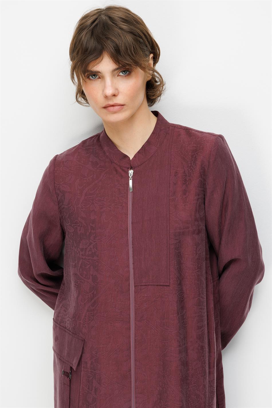 %80 Doğal LyoCELL Dökümlü Soft Hissiyatlı  Ara Desen Cep ve Garni Detaylı Kap Ferace-Bordo