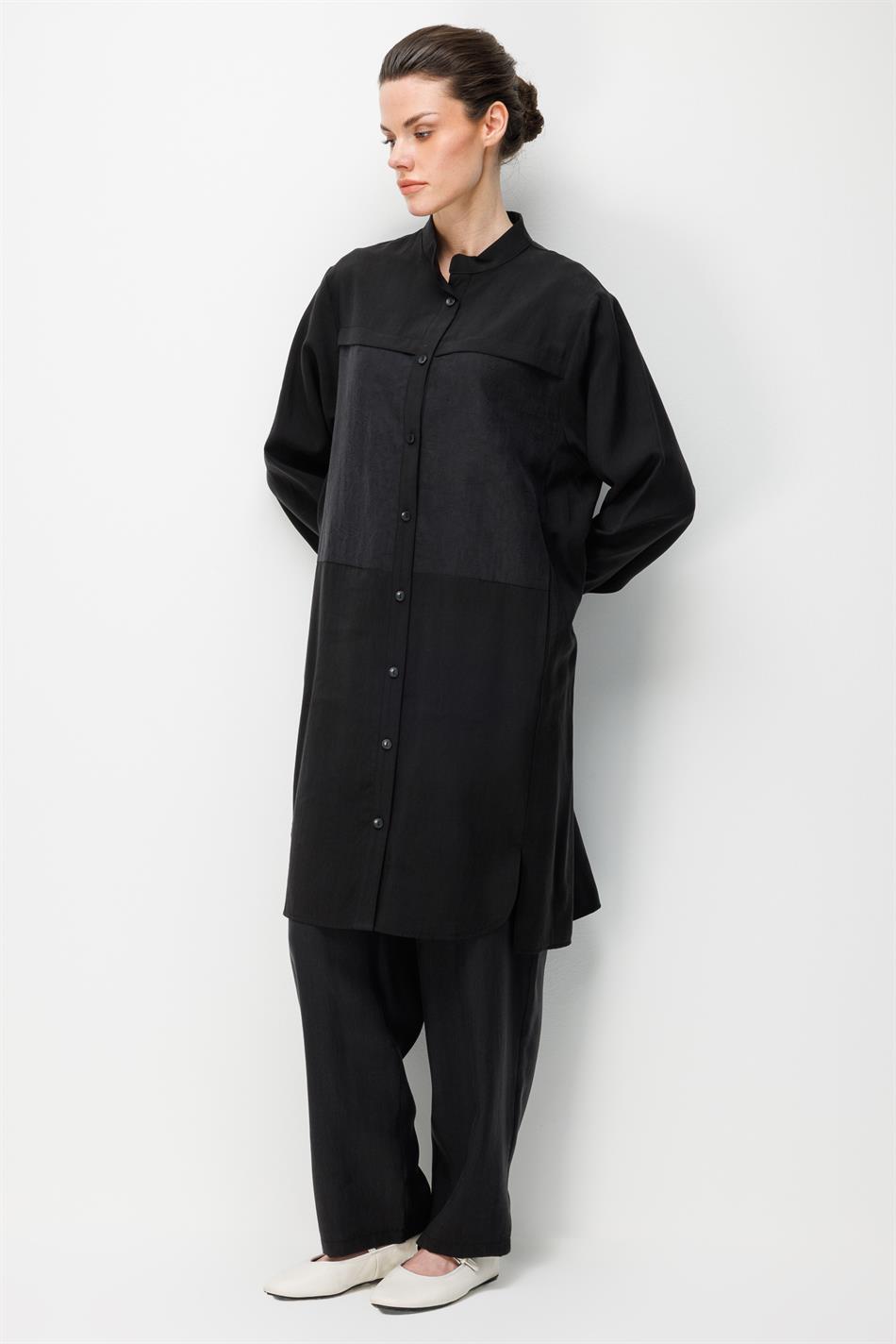 %80 Doğal LyoCELL Dökümlü Soft Hissiyat  Ön Beden Özel Dokuma Desen Pantalon ve Maxi Tunik Takım-Siyah