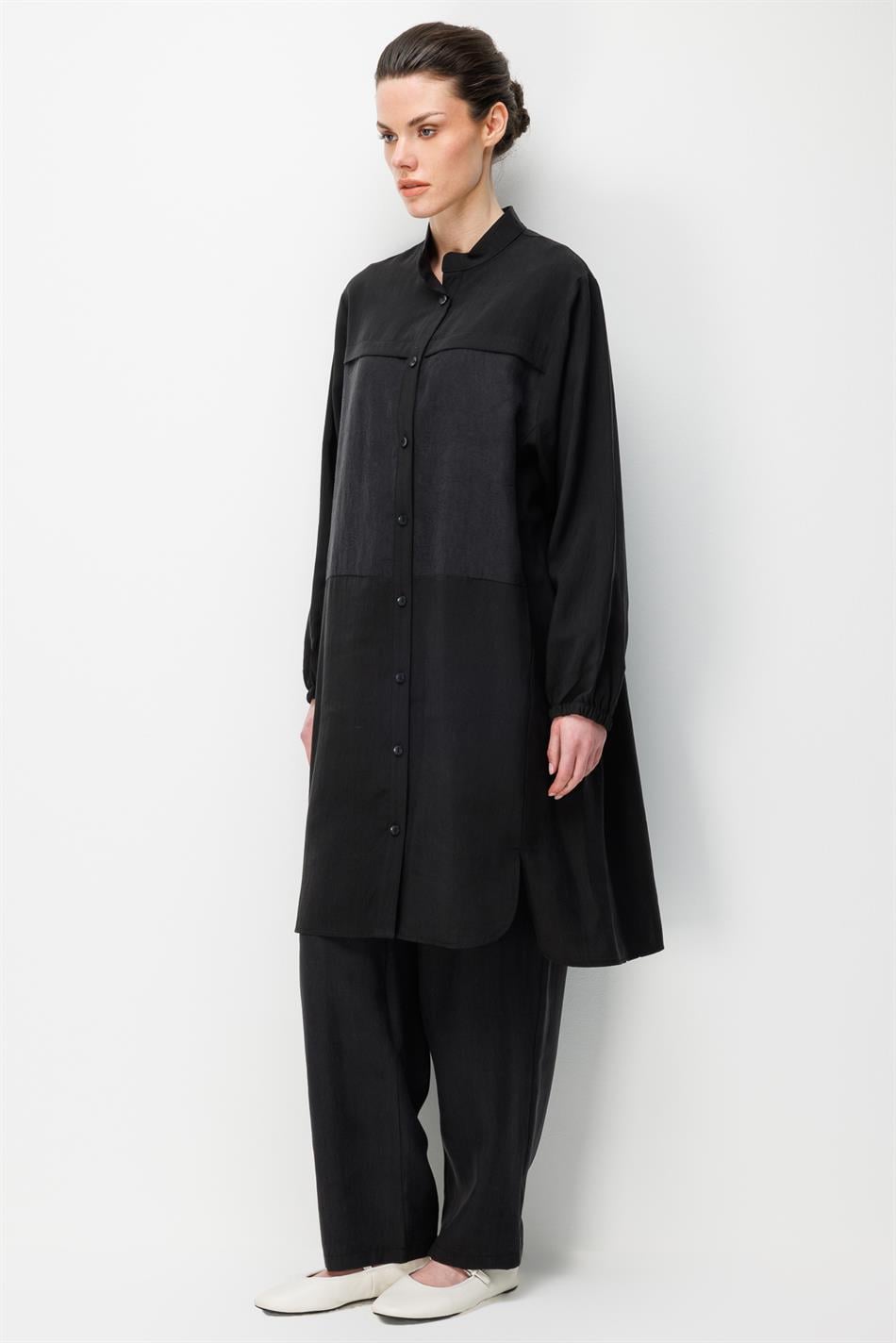 %80 Doğal LyoCELL Dökümlü Soft Hissiyat  Ön Beden Özel Dokuma Desen Pantalon ve Maxi Tunik Takım-Siyah
