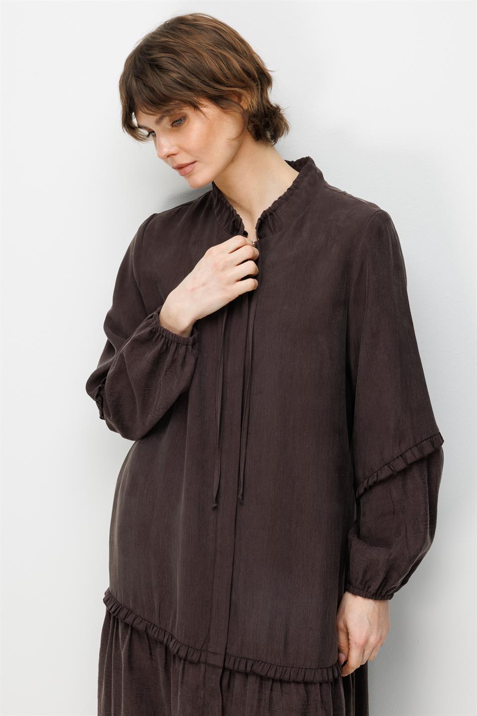 %80 Doğal LyoCELL Dökümlü Soft Hissiyatlı  Ara Desen Süslemeli Kap Ferace-Kahve