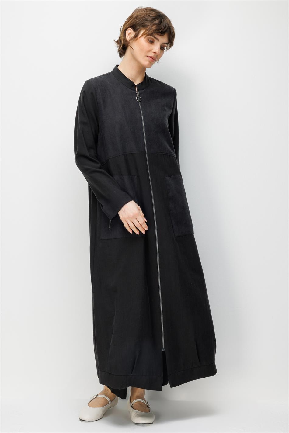 %80 Doğal LyoCELL Dökümlü Soft Hissiyatlı  Ara Desen Süslemeli Kap Ferace-Siyah