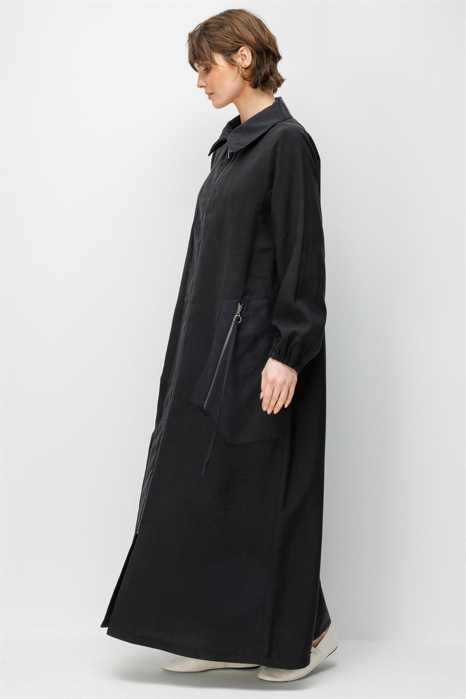 %80 Doğal LyoCELL Dökümlü Soft Hissiyat Yan Cep ve Ön Boy Garni Detaylı Zamansız Ferace-Siyah