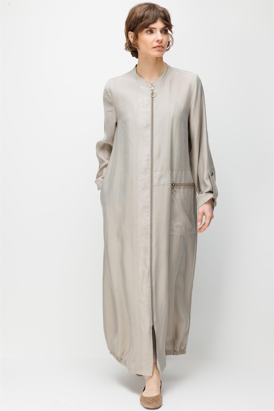 %80 Doğal LyoCELL Dökümlü Soft Hissiyatlı Ara Desen Beden ve Cep Süslemeli Kap Ferace-Taş