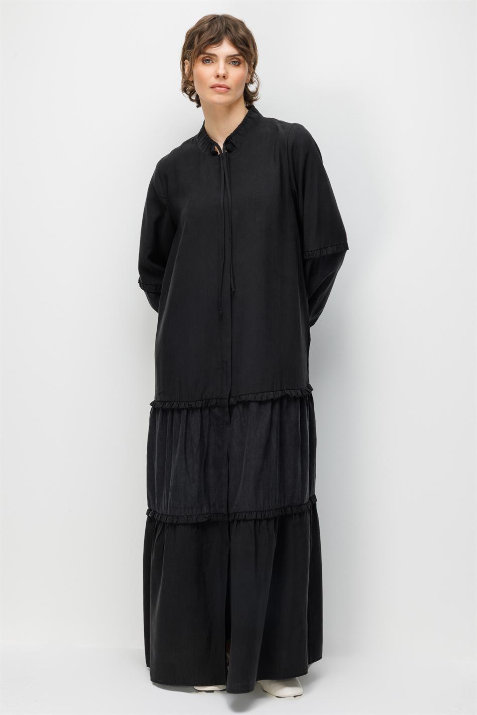 %80 Doğal LyoCELL Dökümlü Soft Hissiyatlı  Ara Desen Süslemeli Kap Ferace-Siyah