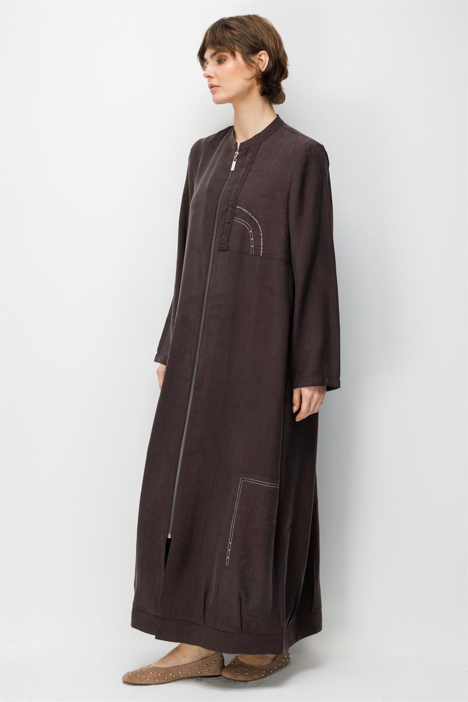 %80 Doğal LyoCELL Dökümlü Soft Hissiyatlı Ara Desen Süslemeli Kap Ferace-Kahve