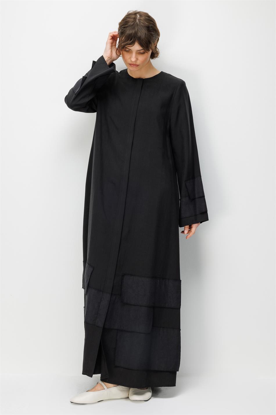 %80 Doğal LyoCELL Dökümlü Soft Hissiyatlı Aller Ara Desen Süslemeli Kap Ferace-Siyah