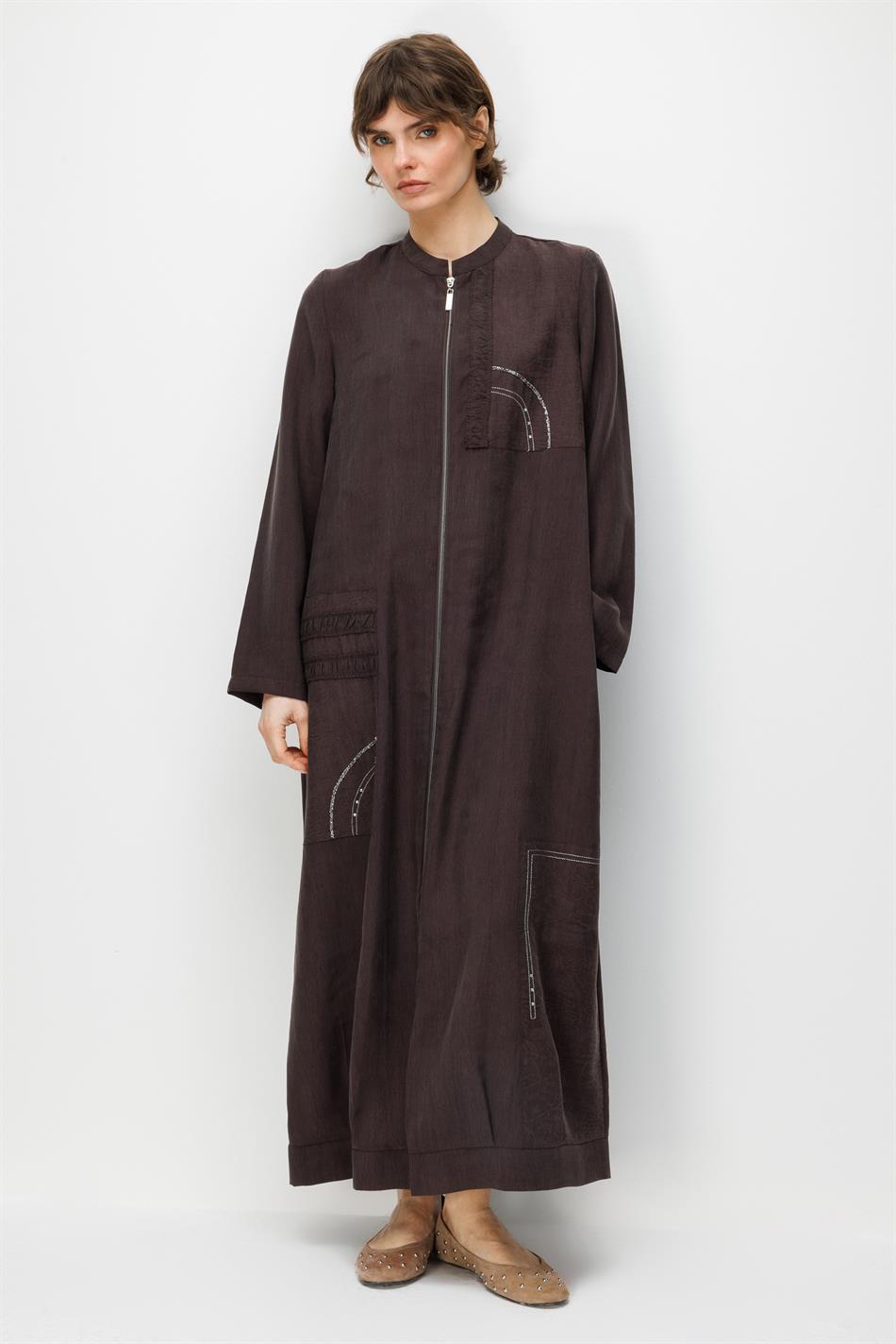 %80 Doğal LyoCELL Dökümlü Soft Hissiyatlı Ara Desen Süslemeli Kap Ferace-Kahve