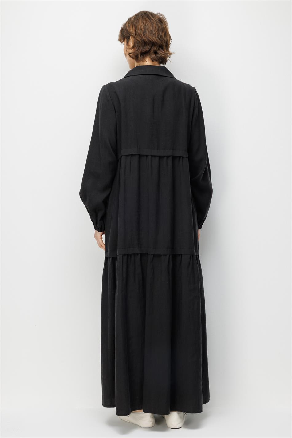 %80 Doğal LyoCELL Dökümlü Soft Hissiyatlı Yaka Aksesuar Garni Detaylı Kap Ferace-Siyah