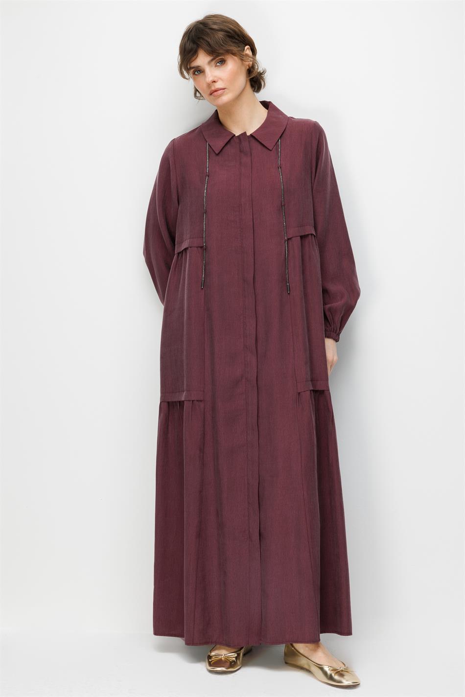 %80 Doğal LyoCELL Dökümlü Soft Hissiyatlı Yaka Aksesuar Garni Detaylı Kap Ferace-Bordo