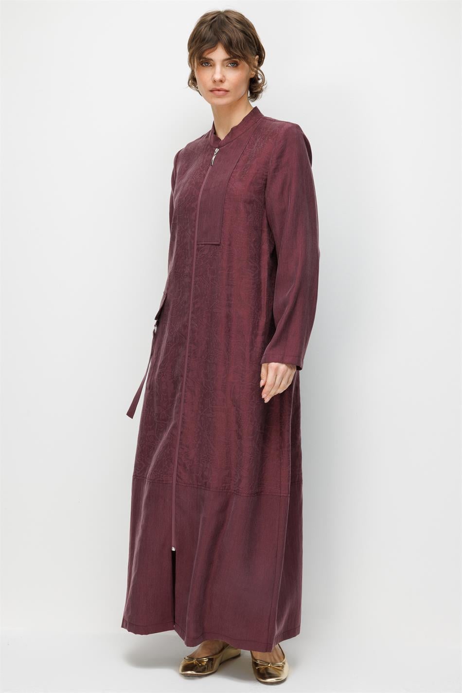 %80 Doğal LyoCELL Dökümlü Soft Hissiyatlı  Ara Desen Cep ve Garni Detaylı Kap Ferace-Bordo