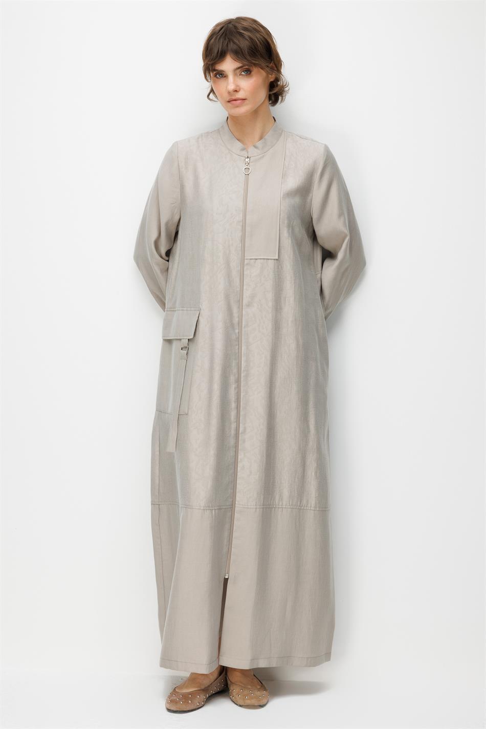 %80 Doğal LyoCELL Dökümlü Soft Hissiyatlı  Ara Desen Cep ve Garni Detaylı Kap Ferace-Taş