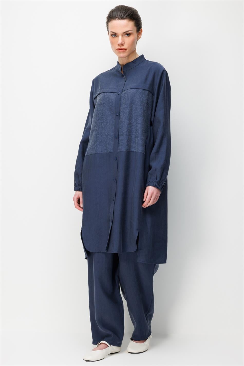 %80 Doğal LyoCELL Dökümlü Soft Hissiyat  Ön Beden Özel Dokuma Desen Pantalon ve Maxi Tunik Takım-Laci