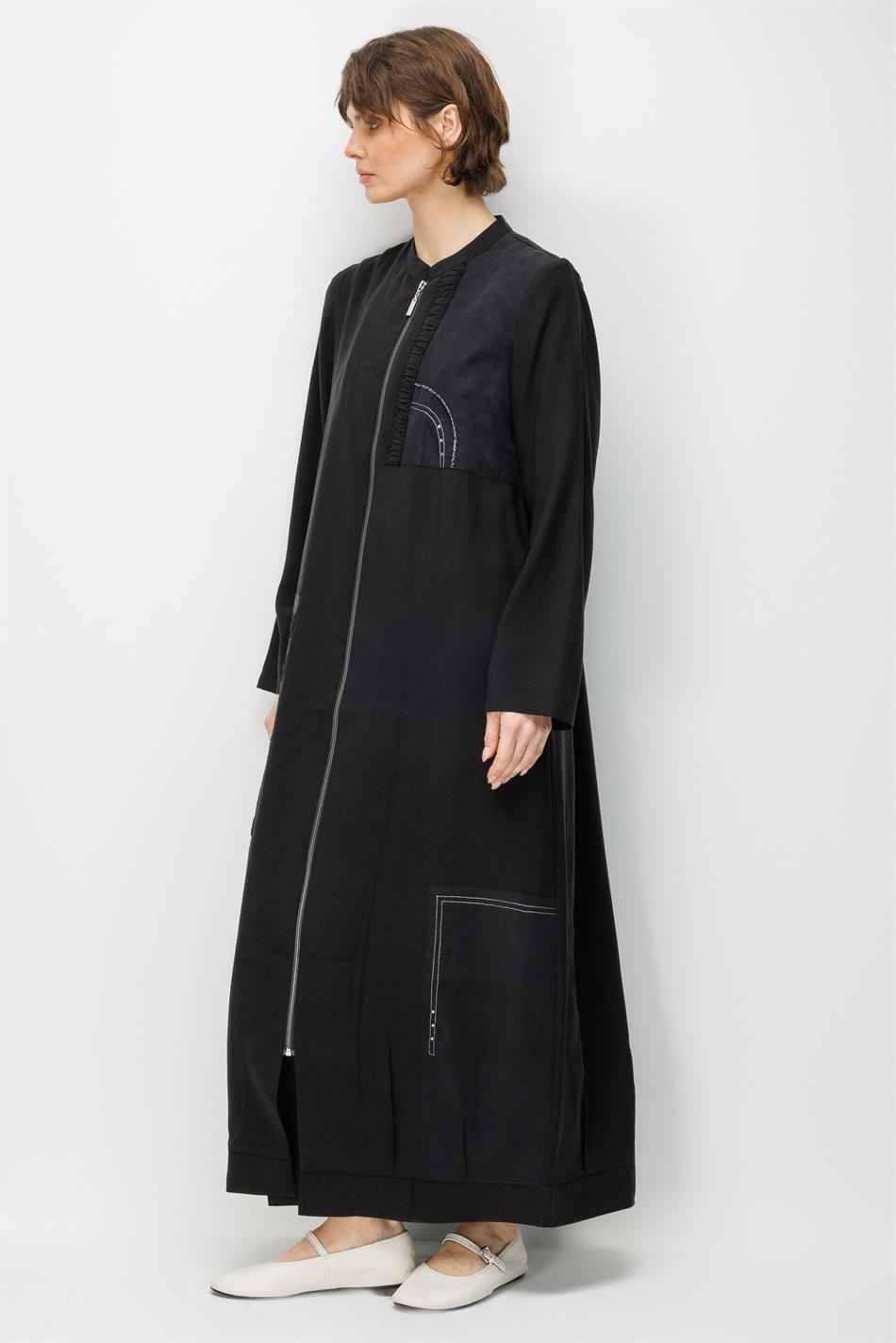 %80 Doğal LyoCELL Dökümlü Soft Hissiyatlı Ara Desen Süslemeli Kap Ferace-Siyah