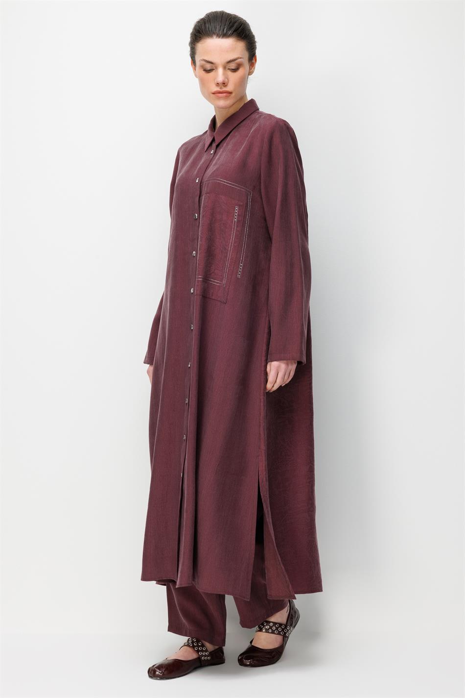 80% natuurlijk LyoCELL, soepelvallende achterkant, speciaal geweven patroon, broek en maxi-tuniek set - bordeauxrood