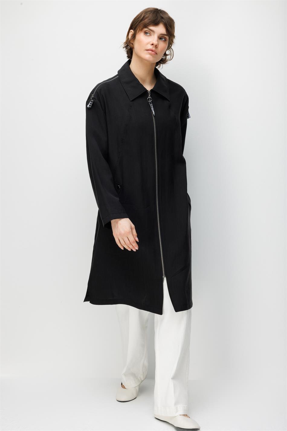 %80 Doğal LyoCELL Dökümlü Soft Hissiyatlı Omuz Fermuar Detaylı Maxi Kap Ferace-Siyah