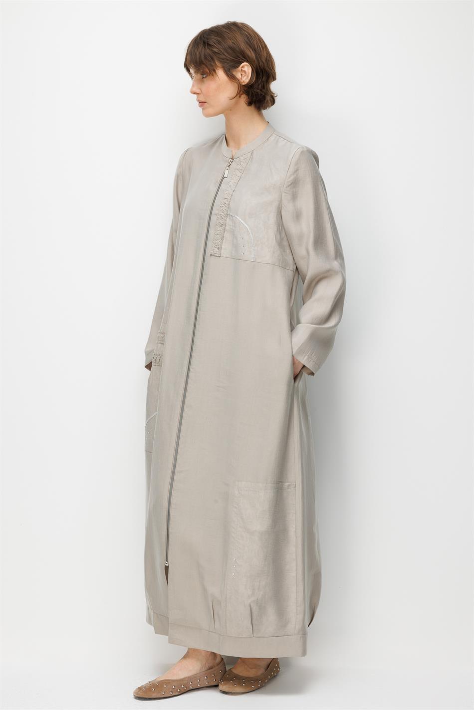 %80 Doğal LyoCELL Dökümlü Soft Hissiyatlı Ara Desen Süslemeli Kap Ferace-Taş