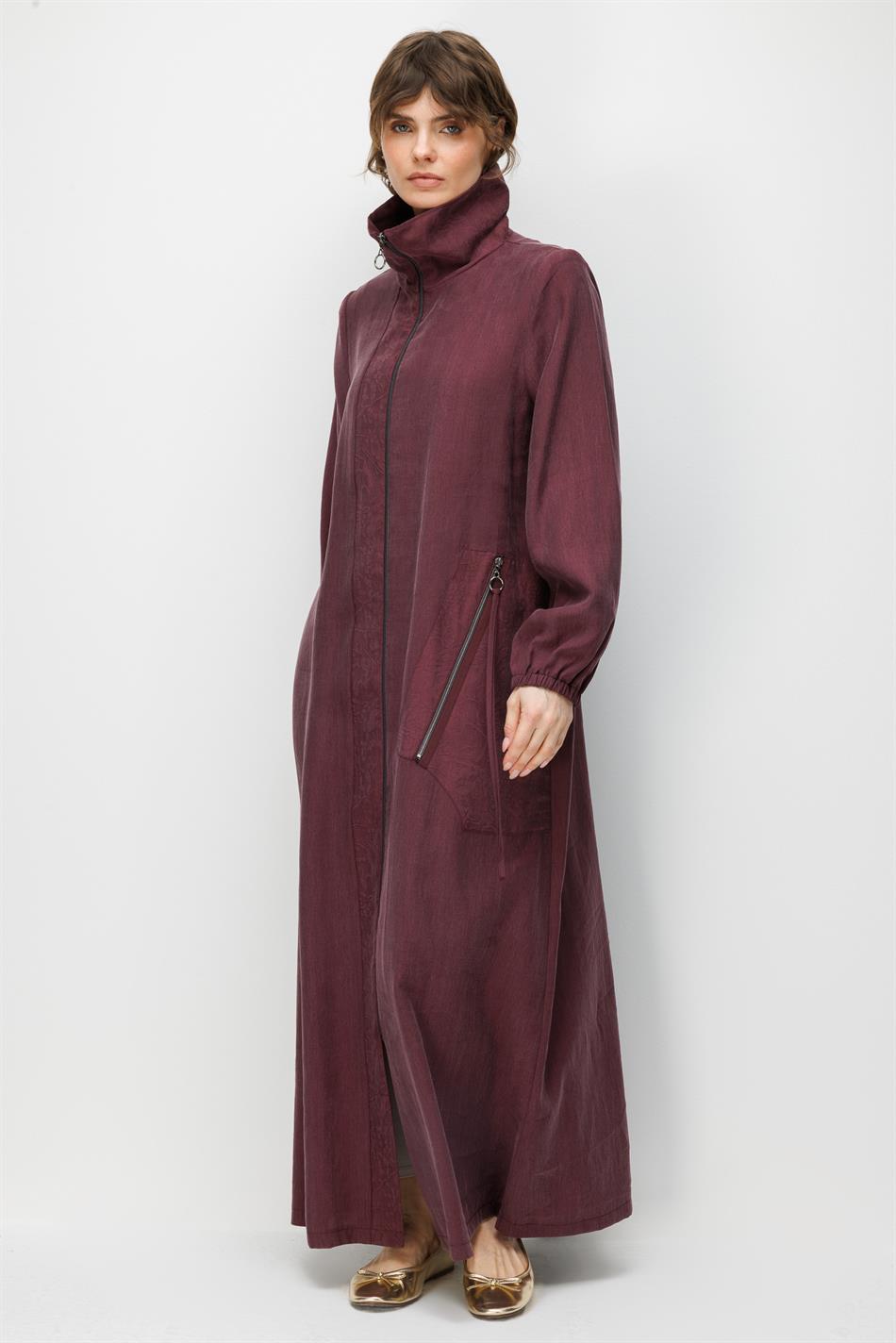 %80 Doğal LyoCELL Dökümlü Soft Hissiyat Yan Cep ve Ön Boy Garni Detaylı Zamansız Ferace-Bordo