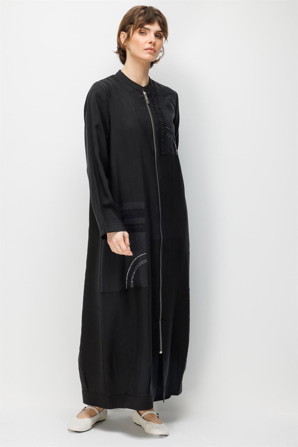 %80 Doğal LyoCELL Dökümlü Soft Hissiyatlı Ara Desen Süslemeli Kap Ferace-Siyah