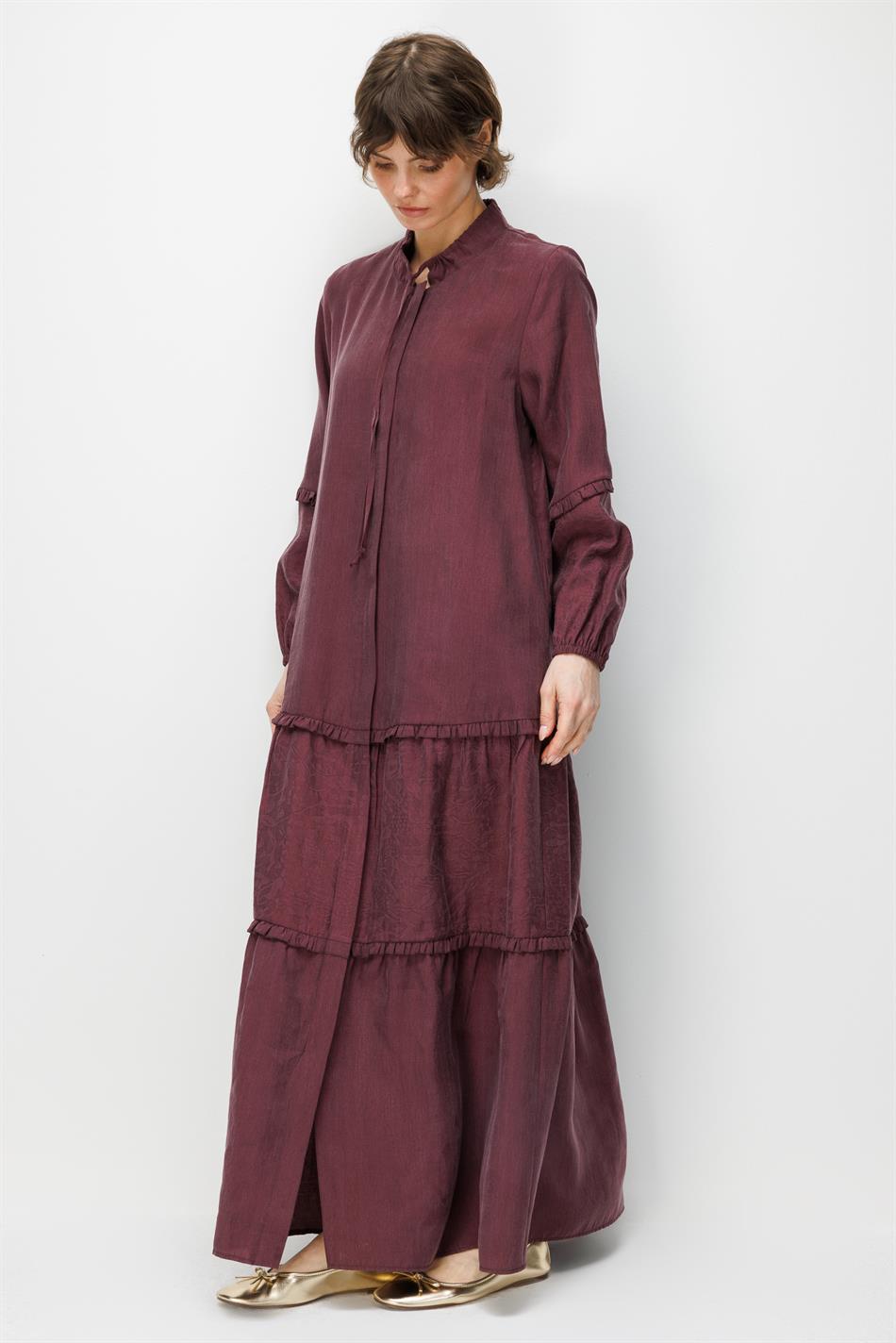 %80 Doğal LyoCELL Dökümlü Soft Hissiyatlı  Ara Desen Süslemeli Kap Ferace-Bordo