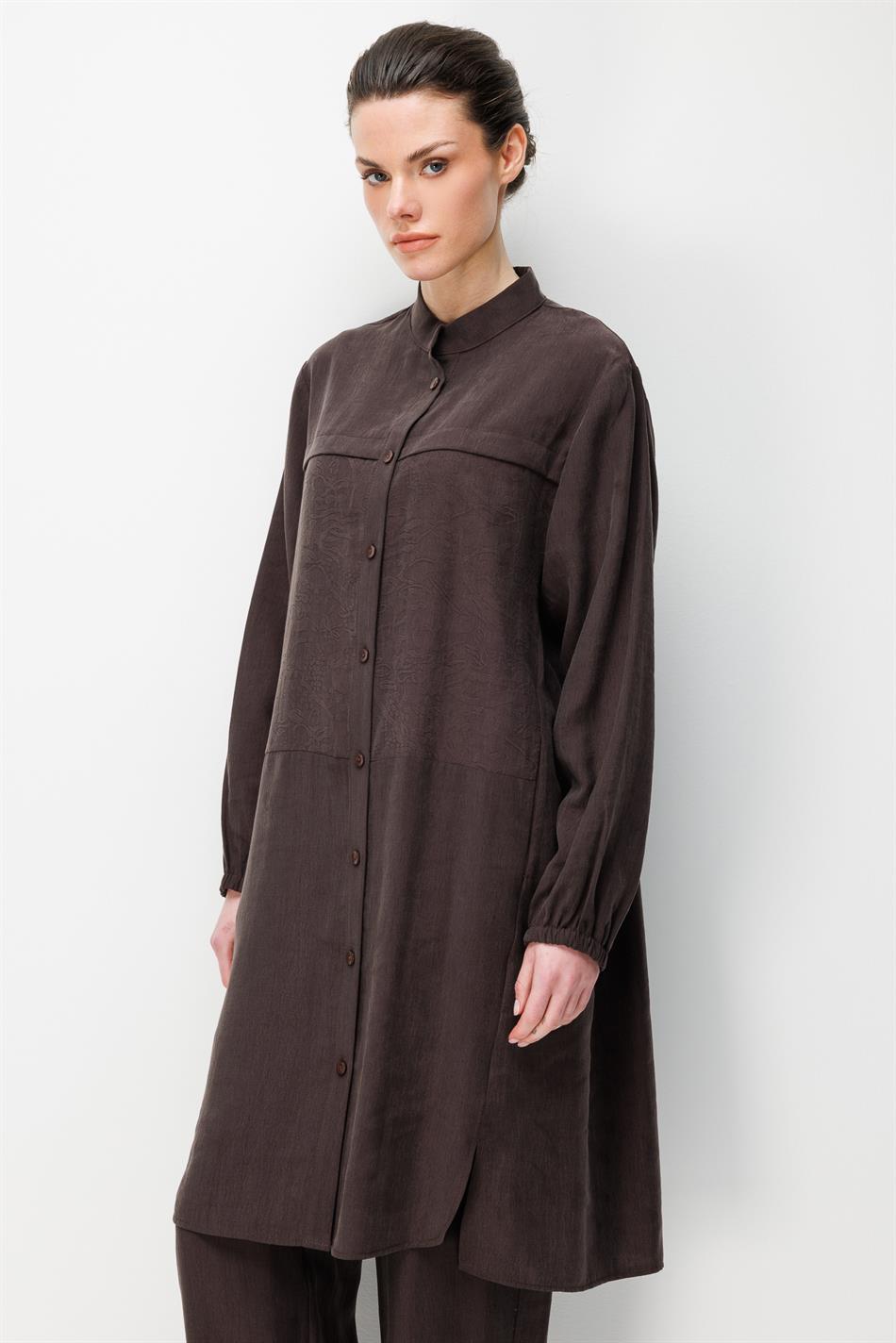 %80 Doğal LyoCELL Dökümlü Soft Hissiyat  Ön Beden Özel Dokuma Desen Pantalon ve Maxi Tunik Takım-Kahve
