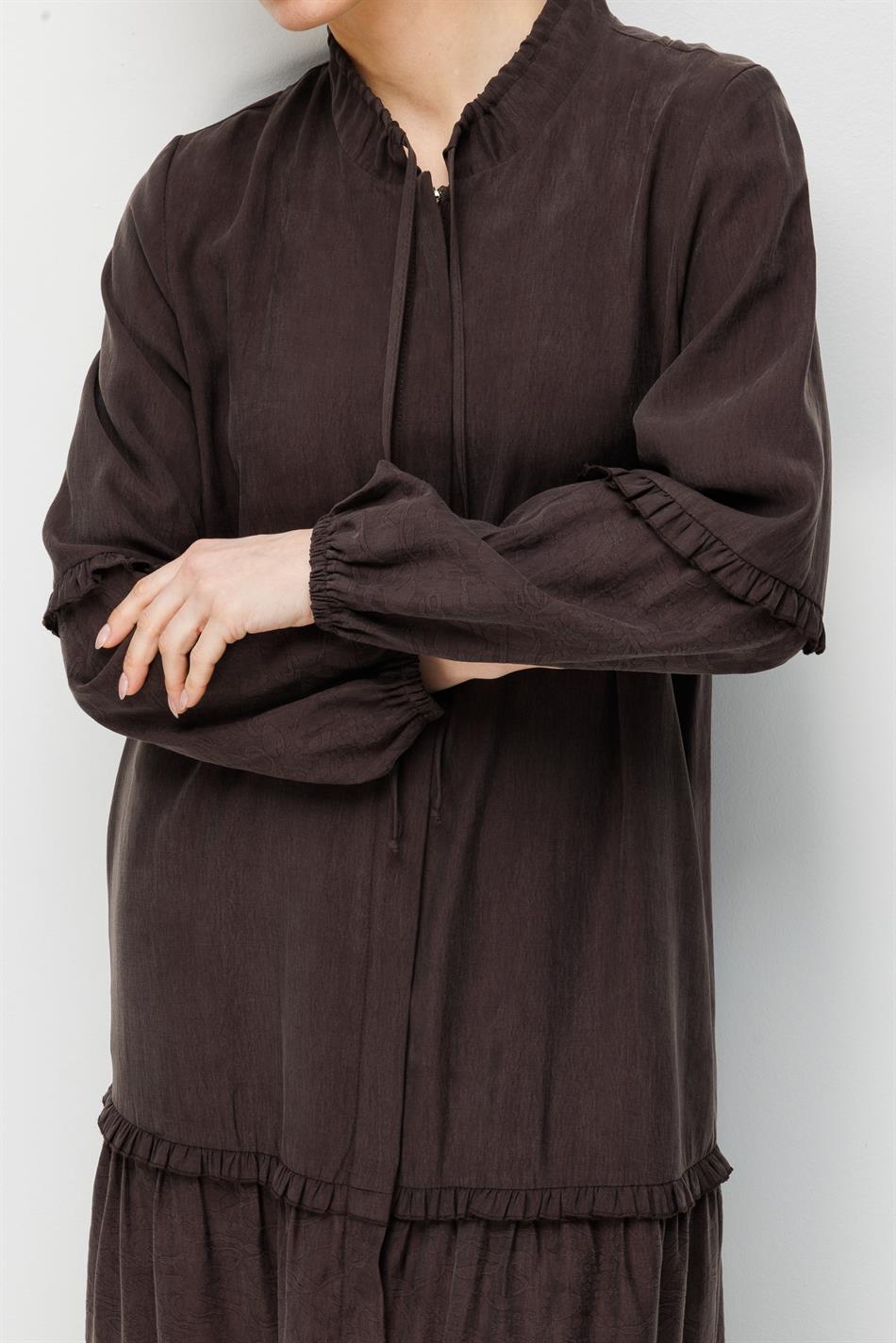 %80 Doğal LyoCELL Dökümlü Soft Hissiyatlı  Ara Desen Süslemeli Kap Ferace-Kahve