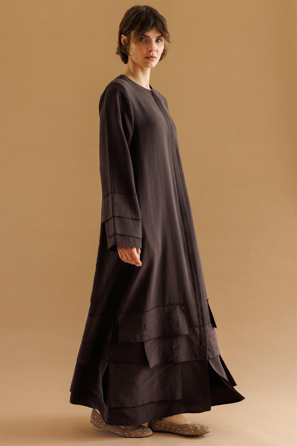 %80 Doğal LyoCELL Dökümlü Soft Hissiyatlı Aller Ara Desen Süslemeli Kap Ferace-Kahve