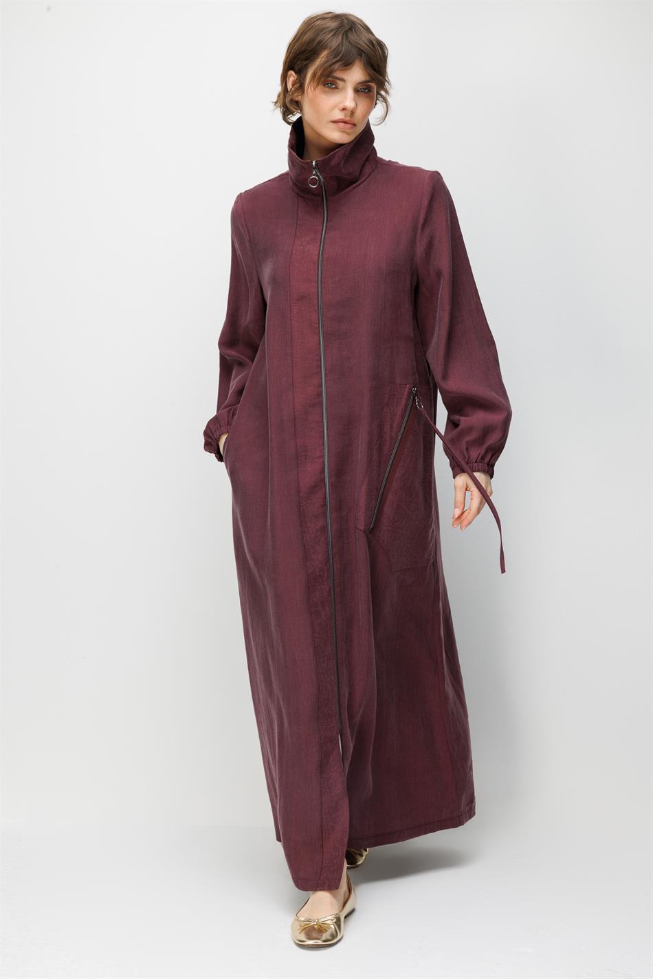 %80 Doğal LyoCELL Dökümlü Soft Hissiyat Yan Cep ve Ön Boy Garni Detaylı Zamansız Ferace-Bordo