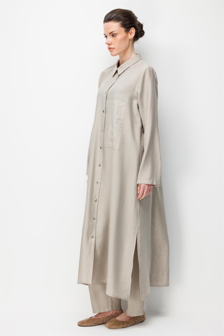 80% natuurlijk LyoCELL, soepelvallende achterkant, speciaal geweven patroon, broek en maxi-tuniek set - Steenkleur