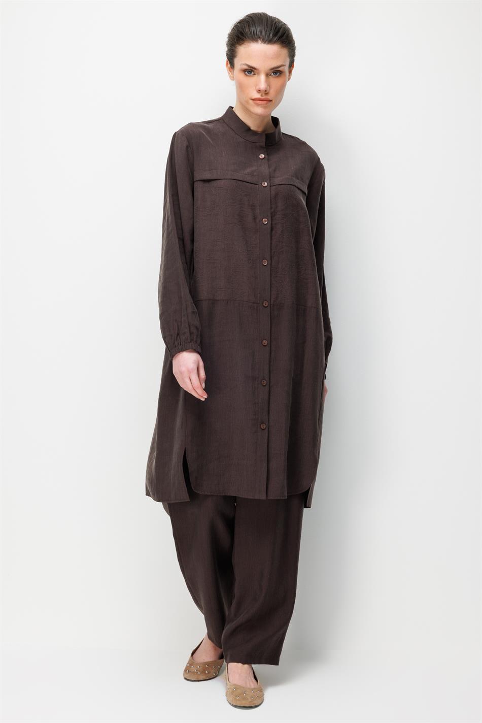 %80 Doğal LyoCELL Dökümlü Soft Hissiyat  Ön Beden Özel Dokuma Desen Pantalon ve Maxi Tunik Takım-Kahve