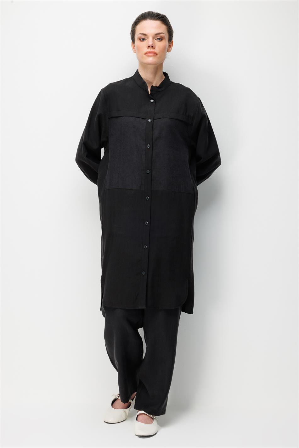 %80 Doğal LyoCELL Dökümlü Soft Hissiyat  Ön Beden Özel Dokuma Desen Pantalon ve Maxi Tunik Takım-Siyah