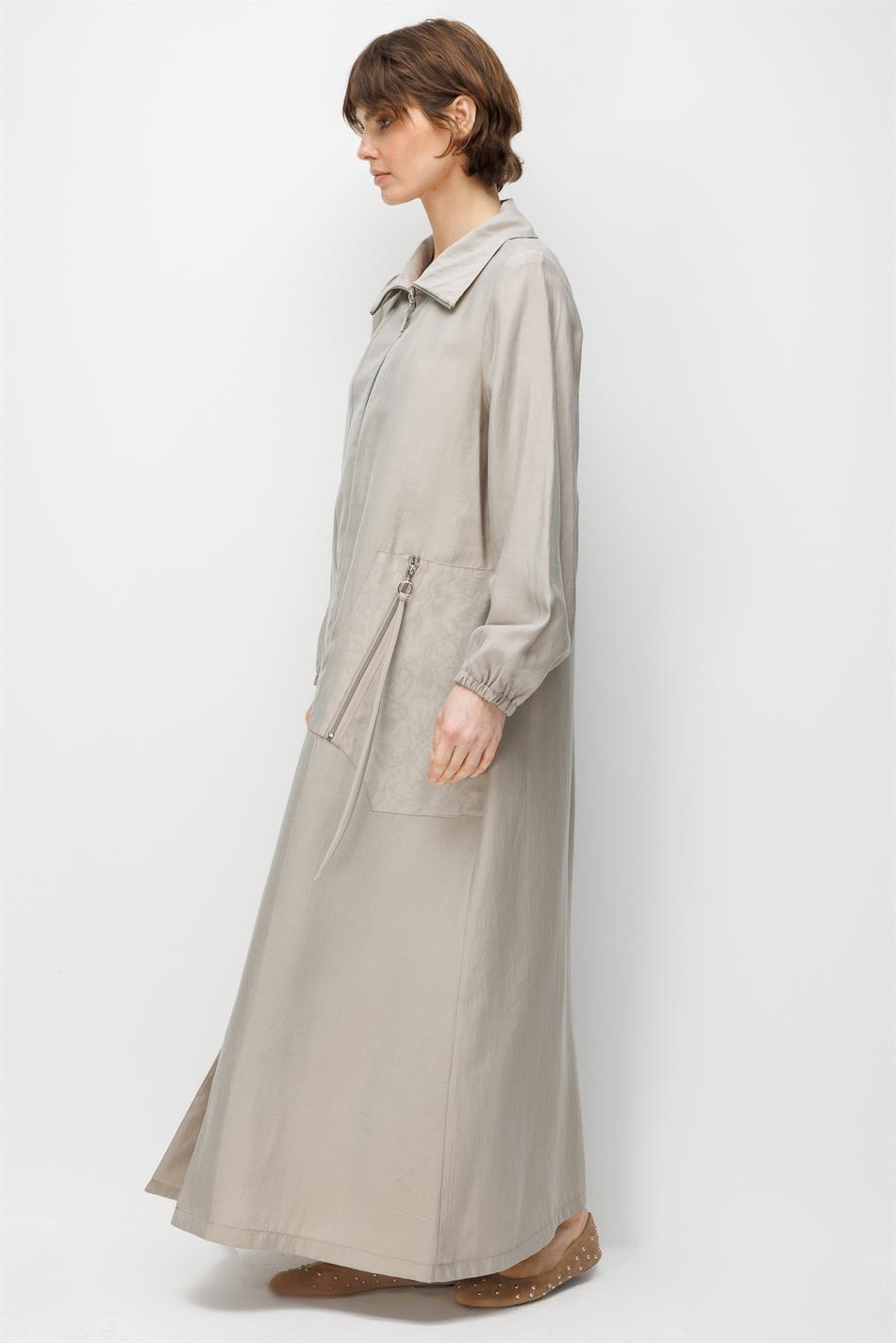 %80 Doğal LyoCELL Dökümlü Soft Hissiyat Yan Cep ve Ön Boy Garni Detaylı Zamansız Ferace-Taş