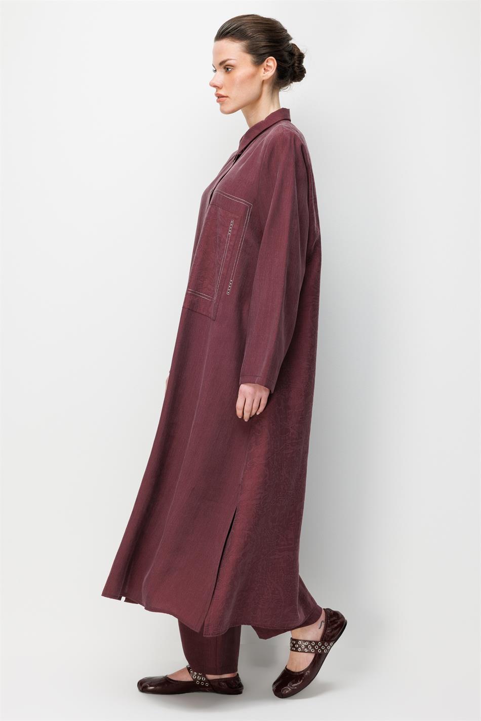 80% natuurlijk LyoCELL, soepelvallende achterkant, speciaal geweven patroon, broek en maxi-tuniek set - bordeauxrood