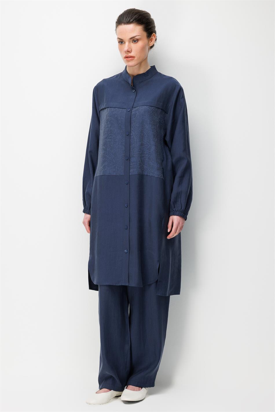 %80 Doğal LyoCELL Dökümlü Soft Hissiyat  Ön Beden Özel Dokuma Desen Pantalon ve Maxi Tunik Takım-Laci
