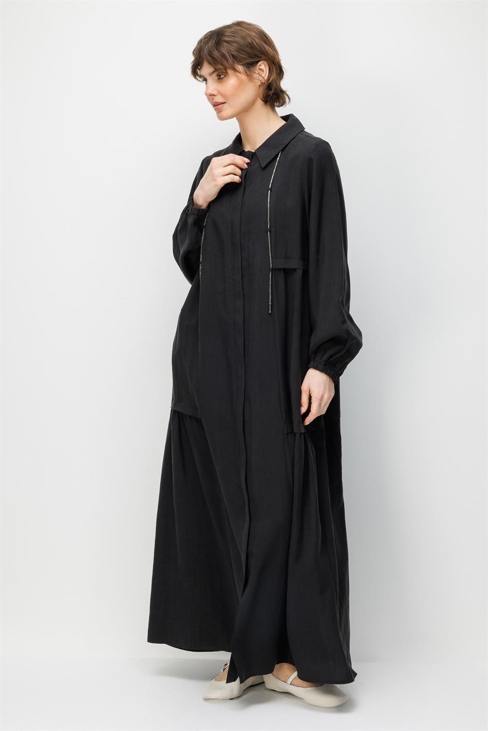 %80 Doğal LyoCELL Dökümlü Soft Hissiyatlı Yaka Aksesuar Garni Detaylı Kap Ferace-Siyah