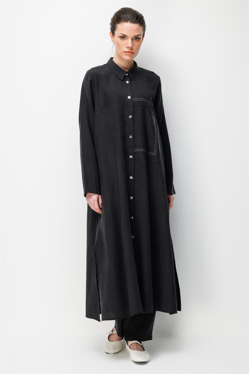 %80 Doğal LyoCELL Dökümlü Soft Hissiyat Arka Özel Dokuma Desen Pantolon ve Maxi Tunik Kombin Takım-Siyah