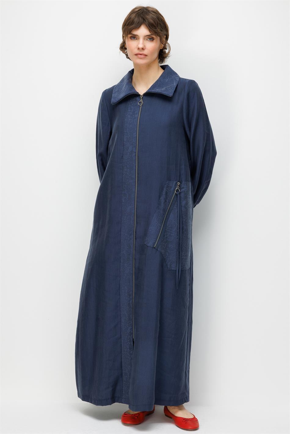 80% natuurlijke LyoCELL soepelvallende, tijdloze abaya met zijzakken en sierdetails aan de voorkant - marineblauw