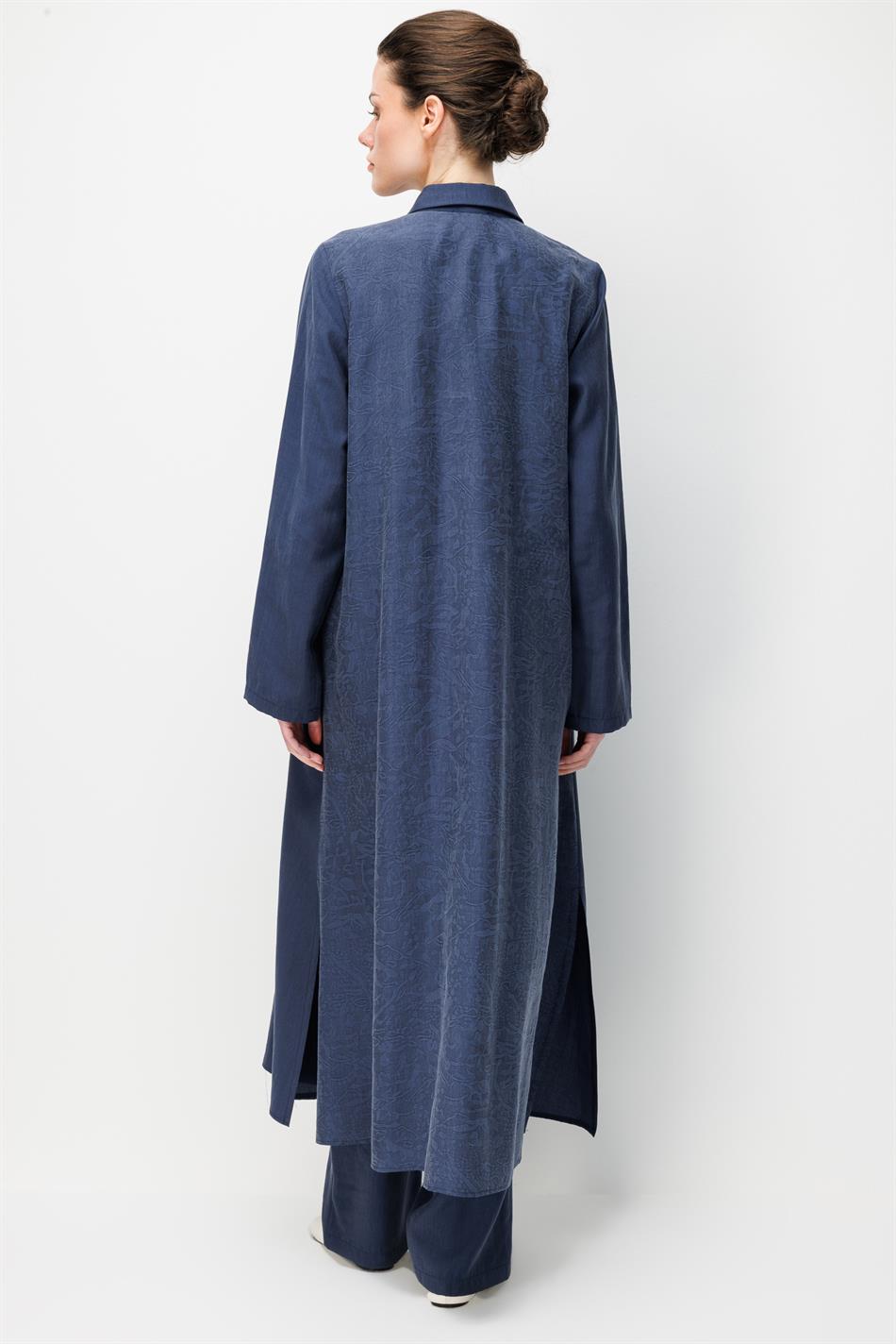 80% natuurlijk LyoCELL, soepele achterkant met gedrapeerd, speciaal geweven patroon, broek en maxi-tuniek combinatieset - Marineblauw